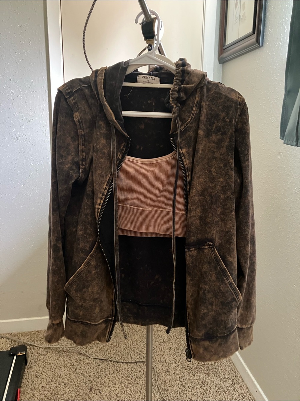 Boutique Set Zenana Outfitters Distressed Brown Zip Hoodie